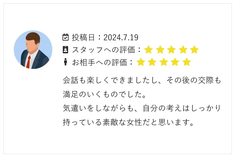 男性会員が女性を評価したレビュー画面。スタッフへの評価とお相手への評価が星5段階で付き、コメントが添えられている